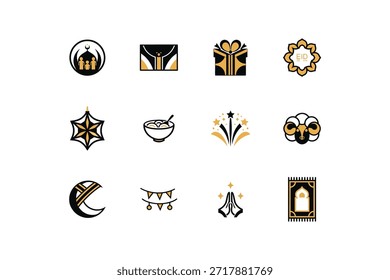 Una colección de 12 íconos con temática de Eid que presentan varios símbolos y motivos en negro, blanco y oro.