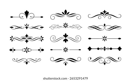 A collection of 12 elegant ornamental dividers in black, perfect for adding a vintage or classic touch to invitations, certificates, menus, or digital and print design projects. 