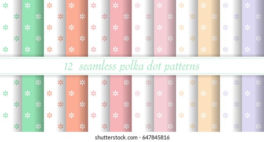 Collection of 12 elegant seamless polka dot patterns for fashion minimalistic design. Simple background of small flowers.