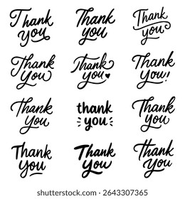 A collection of 12 elegant "Thank You" phrases in unique handwritten styles. Perfect for greeting cards, packaging stickers, branding, social posts, and creative projects