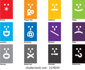 A collection of 12 emoticons, drawn in CMYK and placed on individual layers.