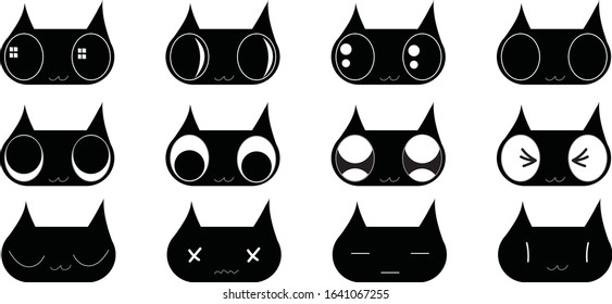 collection of 12 emotion face for new black cat character 