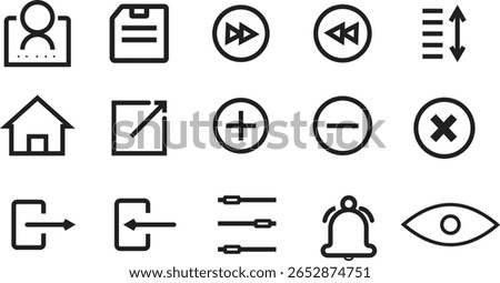 A collection of 12 essential black outline icons representing common user interface elements, including profile, document, media controls, home, exit, plus, minus, close, and notification symbols.