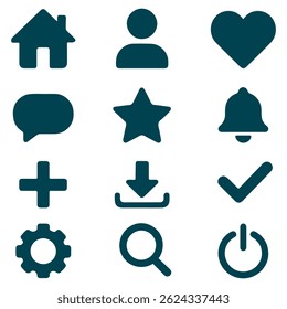 A collection of 12 essential UI icons designed for web and mobile applications, featuring home, user profile, heart, speech bubble, star, bell, plus sign, download arrow, check mark, gear, magnifying 