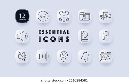 Collection of 12 essential vector icons featuring audio and communication symbols. Includes speaker, headphones, music, and phone icons, ideal for digital interfaces and applications