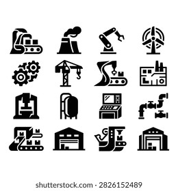 A collection of 12 flat vector icons representing various industrial and manufacturing elements including machinery, factories, and energy production.