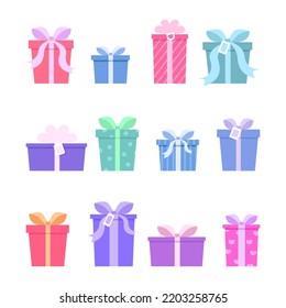 Collection of 12 gift boxes for Christmas or birthday. Bow and ribbon. Vector illustration