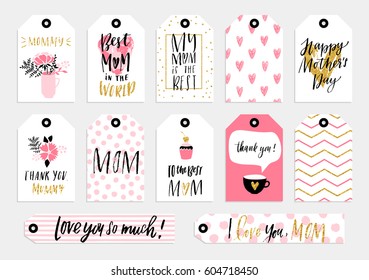 Collection of 12 gold textured Happy Mother's day cute ready-to-use tags. Set of 12printable hand drawn holiday tags in black pink and gold - stock vector