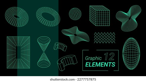 Collection of 12 graphic vector blue y2k abstract elements, wireframes, polygon models, 3d figures and shapes.
