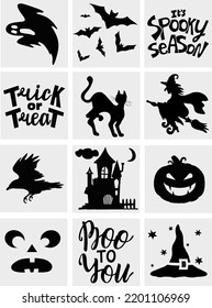 Collection of 12 Halloween icons. Black icons. trick or treat. Vector illustration.