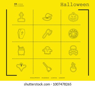 Collection of 12 halloween icons. Vector illustration in thin line style