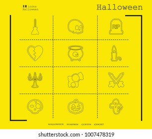 Collection of 12 halloween icons. Vector illustration in thin line style