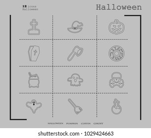 Collection of 12 halloween icons. Vector illustration in thin line style