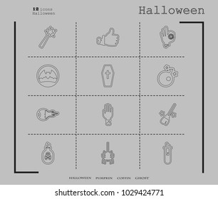 Collection of 12 halloween icons. Vector illustration in thin line style