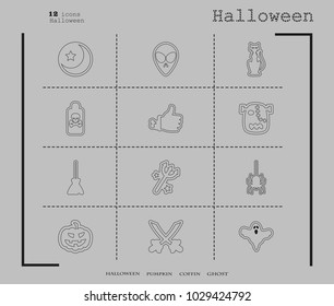 Collection of 12 halloween icons. Vector illustration in thin line style