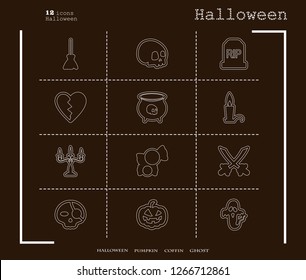 Collection of 12 halloween icons. Vector illustration in thin line style