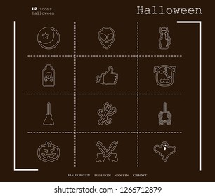 Collection of 12 halloween icons. Vector illustration in thin line style