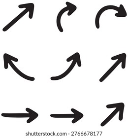Collection of 12 hand-drawn black arrows in various styles and directions, including straight, curved, diagonal, and turning arrows. Bold, organic, and playful doodle-style vector illustrations with slightly irregular lines. Isolated on transparent background, perfect for infographics, bullet points, highlights, navigation, direction indicators, scrapbooking, planners, social media graphics, and creative design projects.