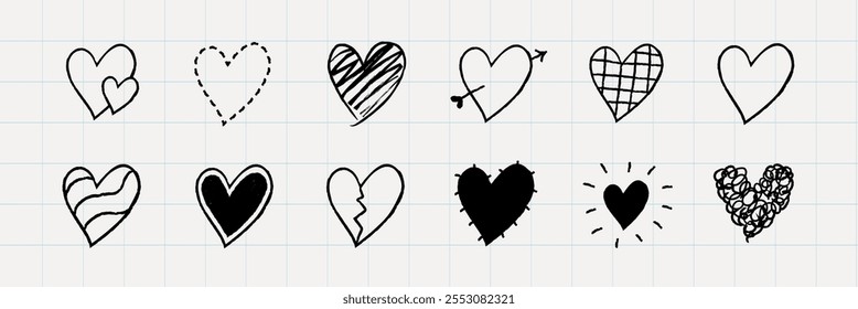 A collection of 12 hand-drawn heart icons. Each heart has a unique design, including broken, solid, and patterned styles. Simple, artistic heart sketches. Cute hand drawn love doodle, set. Vectors.