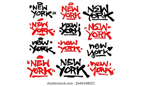 Collection of 12 hand-drawn "New York" lettering artworks in graffiti and brush styles. Rendered in black and red on transparent backgrounds, ideal for urban vector designs and street culture visuals.