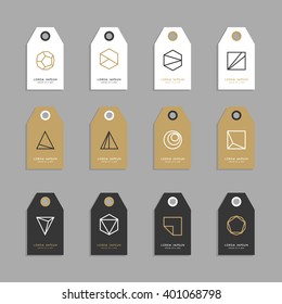 Collection of 12 Hang Tags with abstract linear logo.Geometric Hang tag.Minimal Design elements,shapes,sign.Hexagons,Triangles,Squares,Circles.Trendy Hipster,linear style.Vector illustration.Isolated