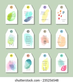 Collection of 12 Hang Tags. Creative set made with watercolor.