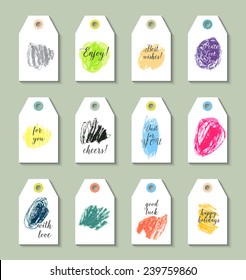 Collection of 12 Hang Tags. Creative set. Hand-drawn with crayons