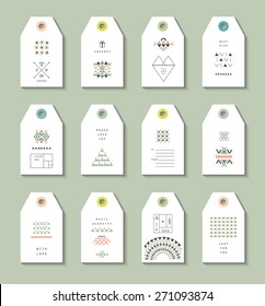 Collection of 12 Hang Tags with ethnic and aztec patterns. Trendy backgrounds and logotypes. Wedding, marriage, bridal, birthday, Valentine's day. Vector. Isolated.