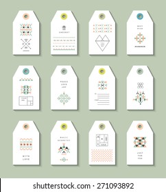 Collection of 12 Hang Tags with ethnic and aztec patterns. Trendy backgrounds and logotypes. Wedding, marriage, bridal, birthday, Valentine's day. Vector. Isolated.