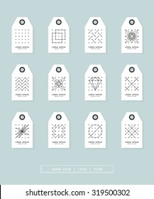 Collection of 12 Hang Tags.Trendy geometric symbols. Hipster style. Vector. Isolated