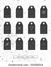 Collection of 12 Hang Tags.Trendy geometric symbols. Hipster & black style. Vector. Isolated