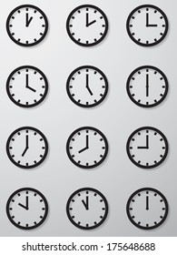 Collection Of 12 Hours Clock Face Icon. Vection