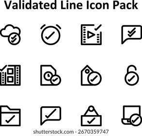 Collection of 12 icons in Outline style based on the Validated theme. Ideal for digital and creative uses.