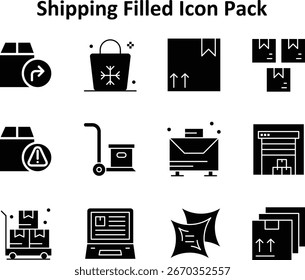 Colección de 12 iconos en estilo Solid Filled basado en el tema de envío. Ideal para usos digitales y creativos.