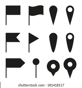 Collection of 12 isolated black navigation pins