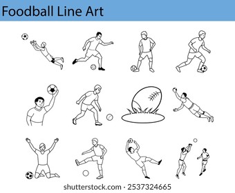 A collection of 12 line art illustrations depicting football players in various poses, including kicking, catching, running, and diving. The illustrations are simple and minimalist, with a focus on th