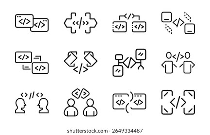 Collection of 12 Minimal Technology Line Icons Featuring Gadgets, Electronics, Devices, Computers, Smartphones, Wearables, and Digital Accessories for Modern Tech Design