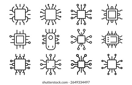 Collection of 12 Minimal Technology Line Icons Featuring Gadgets, Electronics, Devices, Computers, Smartphones, Wearables, and Digital Accessories for Modern Tech Design