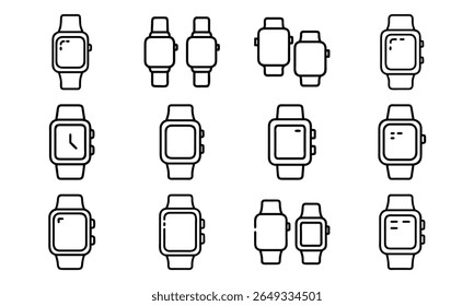 Collection of 12 Minimal Technology Line Icons Featuring Gadgets, Electronics, Devices, Computers, Smartphones, Wearables, and Digital Accessories for Modern Tech Design