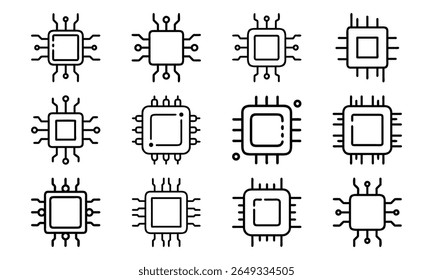 Collection of 12 Minimal Technology Line Icons Featuring Gadgets, Electronics, Devices, Computers, Smartphones, Wearables, and Digital Accessories for Modern Tech Design