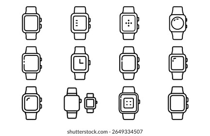 Collection of 12 Minimal Technology Line Icons Featuring Gadgets, Electronics, Devices, Computers, Smartphones, Wearables, and Digital Accessories for Modern Tech Design