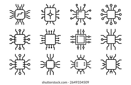 Collection of 12 Minimal Technology Line Icons Featuring Gadgets, Electronics, Devices, Computers, Smartphones, Wearables, and Digital Accessories for Modern Tech Design