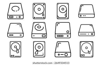 Collection of 12 Minimal Technology Line Icons Featuring Gadgets, Electronics, Devices, Computers, Smartphones, Wearables, and Digital Accessories for Modern Tech Design