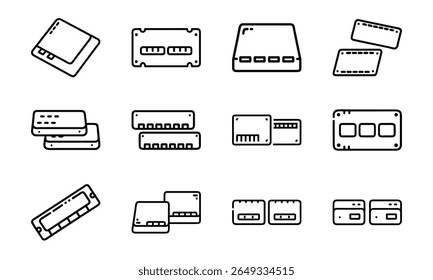 Collection of 12 Minimal Technology Line Icons Featuring Gadgets, Electronics, Devices, Computers, Smartphones, Wearables, and Digital Accessories for Modern Tech Design