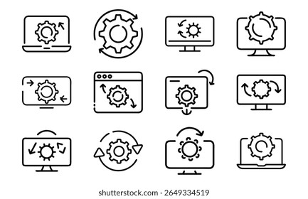 Collection of 12 Minimal Technology Line Icons Featuring Gadgets, Electronics, Devices, Computers, Smartphones, Wearables, and Digital Accessories for Modern Tech Design