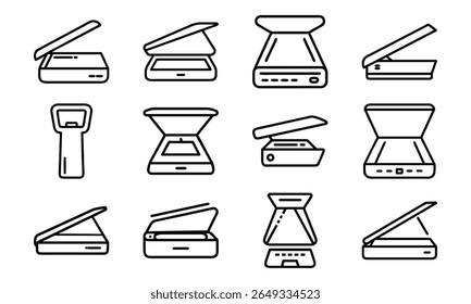 Collection of 12 Minimal Technology Line Icons Featuring Gadgets, Electronics, Devices, Computers, Smartphones, Wearables, and Digital Accessories for Modern Tech Design