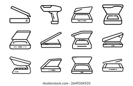 Collection of 12 Minimal Technology Line Icons Featuring Gadgets, Electronics, Devices, Computers, Smartphones, Wearables, and Digital Accessories for Modern Tech Design