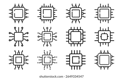 Collection of 12 Minimal Technology Line Icons Featuring Gadgets, Electronics, Devices, Computers, Smartphones, Wearables, and Digital Accessories for Modern Tech Design