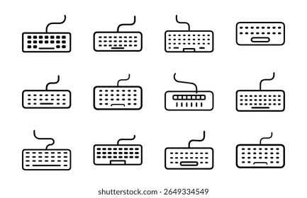 Collection of 12 Minimal Technology Line Icons Featuring Gadgets, Electronics, Devices, Computers, Smartphones, Wearables, and Digital Accessories for Modern Tech Design