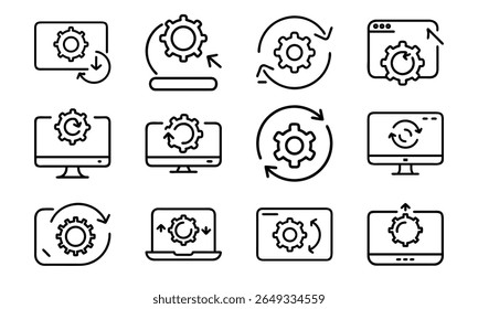 Collection of 12 Minimal Technology Line Icons Featuring Gadgets, Electronics, Devices, Computers, Smartphones, Wearables, and Digital Accessories for Modern Tech Design